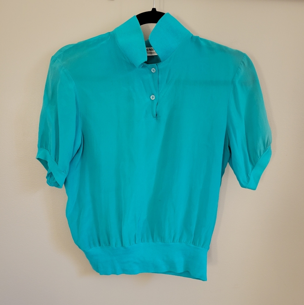vintage 80s 100% silk Polo cropped short sleeve Blouse size XS S teal blue Kenar